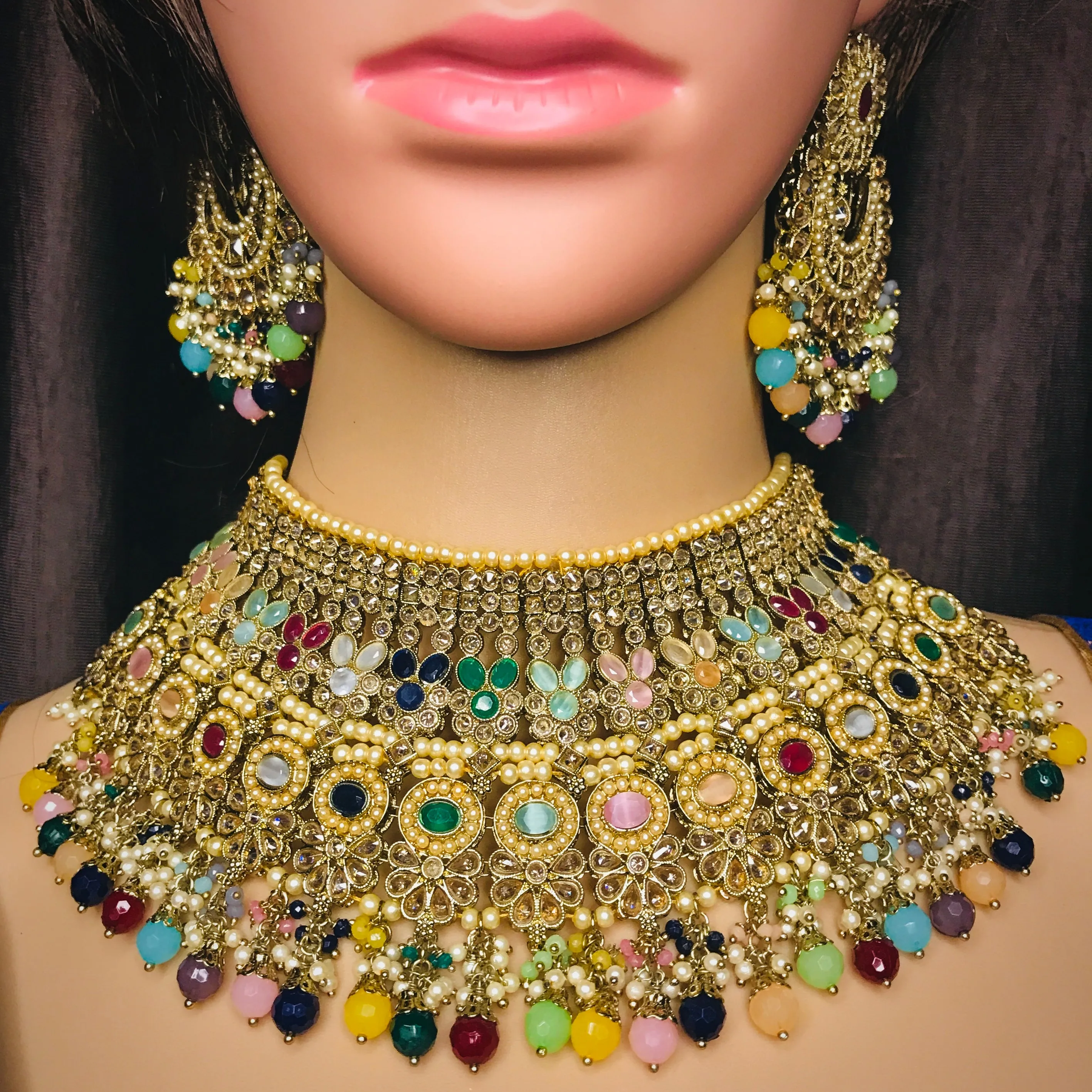 Designer Semi-Precious Multi Color Stone Necklace with Earrings & Maangtikka For Bridal (D721)