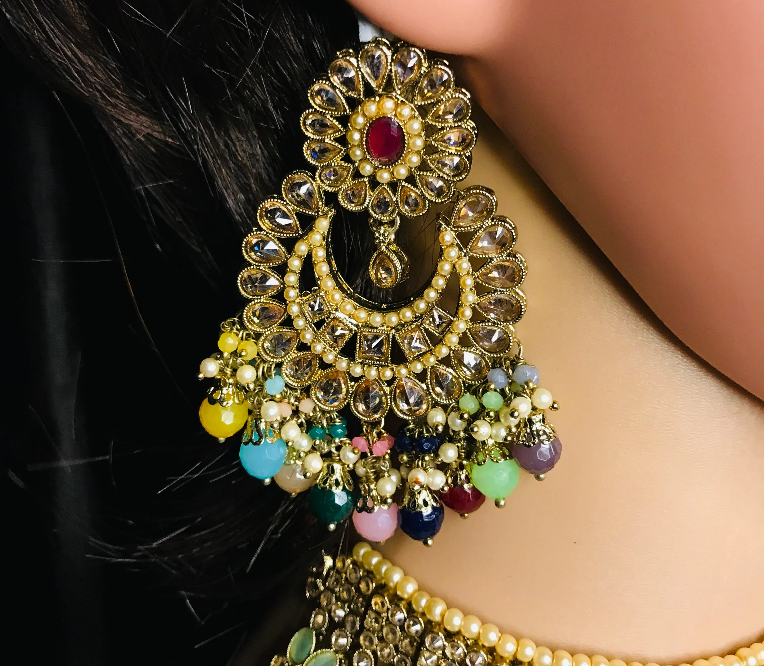 Designer Semi-Precious Multi Color Stone Necklace with Earrings & Maangtikka For Bridal (D721)
