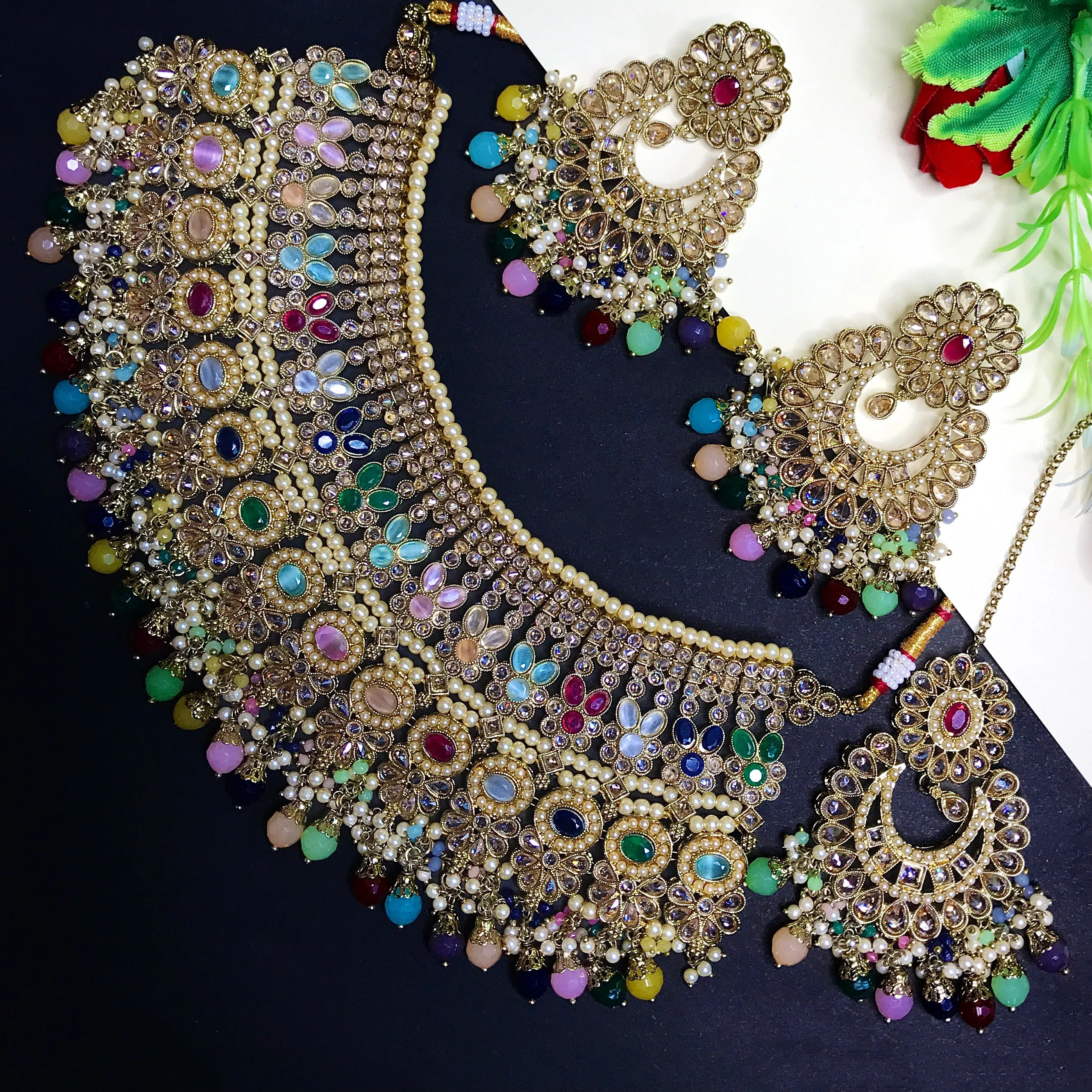 Designer Semi-Precious Multi Color Stone Necklace with Earrings & Maangtikka For Bridal (D721)