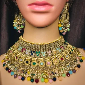 Designer Semi-Precious Multi Color Stone Necklace with Earrings & Maangtikka For Bridal (D721)