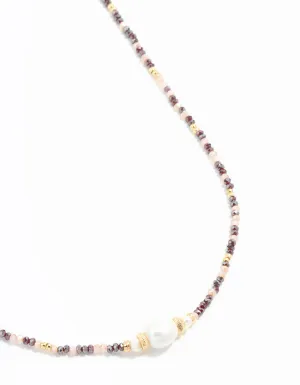 Gold Freshwater Pearl & Mini Purple Bead Necklace