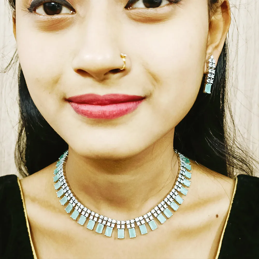 Gold Plated Green Color American Diamond Necklace with Earrings (D172)