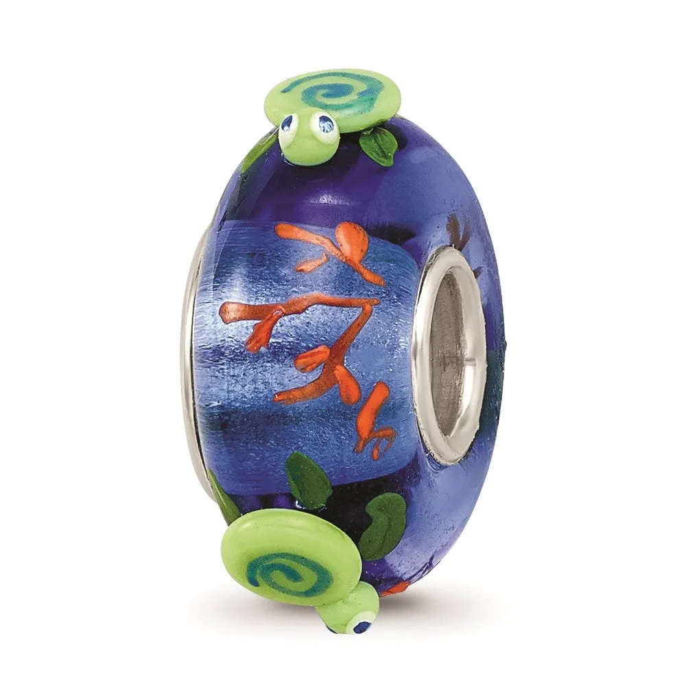 Hand Painted Shelley Sea Turtle Fenton Glass Charm Bead in Sterling Silver