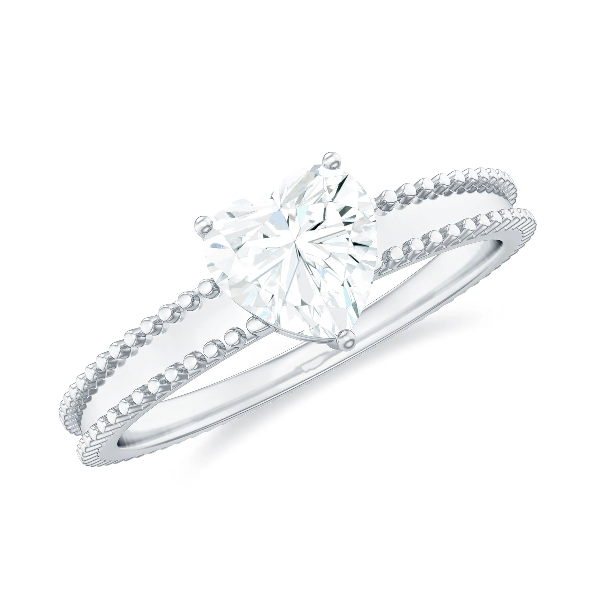 Heart Shape Moissanite Solitaire Ring with Beaded Details