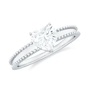 Heart Shape Moissanite Solitaire Ring with Beaded Details