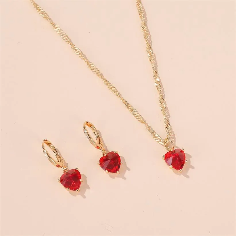 Hot Sale - Romantic Elegant Red Love Necklace with Earrings. Crystal Zircon Necklace Set