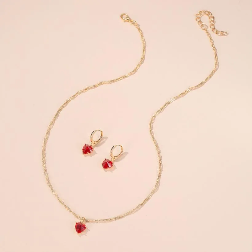 Hot Sale - Romantic Elegant Red Love Necklace with Earrings. Crystal Zircon Necklace Set