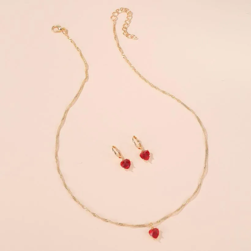 Hot Sale - Romantic Elegant Red Love Necklace with Earrings. Crystal Zircon Necklace Set