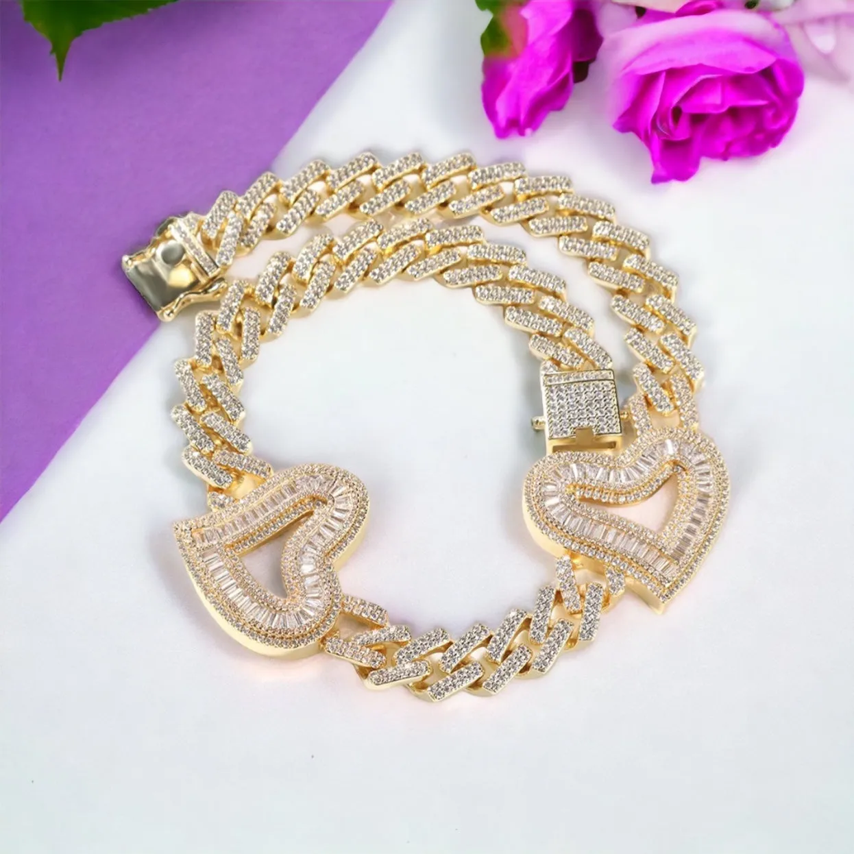 Iced Baguette Big Heart Miami Cuban Link Necklace