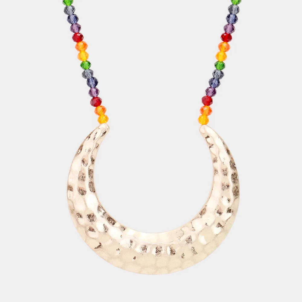 iLLASPARKZ Hammered Metal Moon Pendant Bead Long Necklace