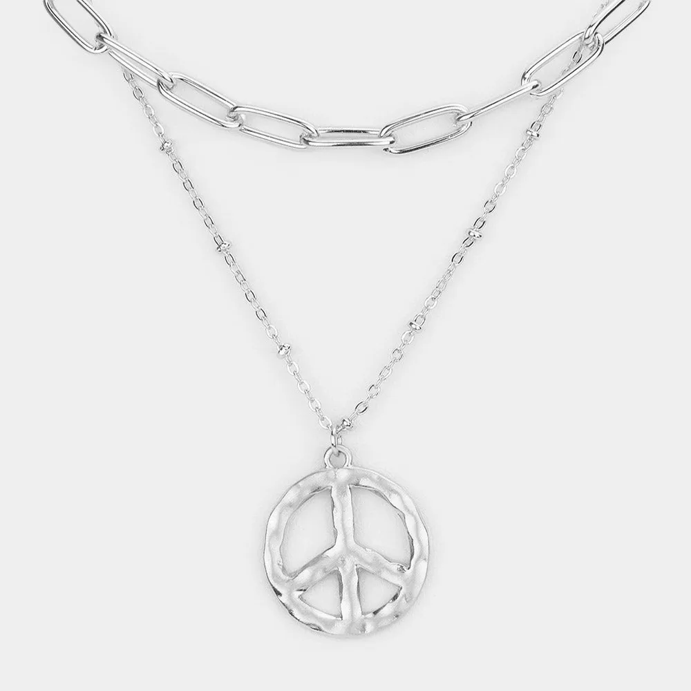 iLLASPARKZ Hammered Metal Peace Pendant Double Layered Necklace