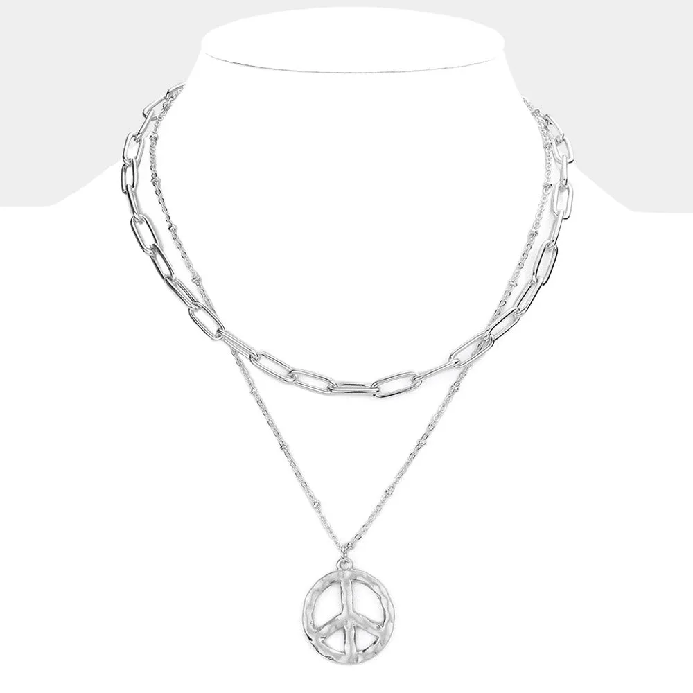 iLLASPARKZ Hammered Metal Peace Pendant Double Layered Necklace