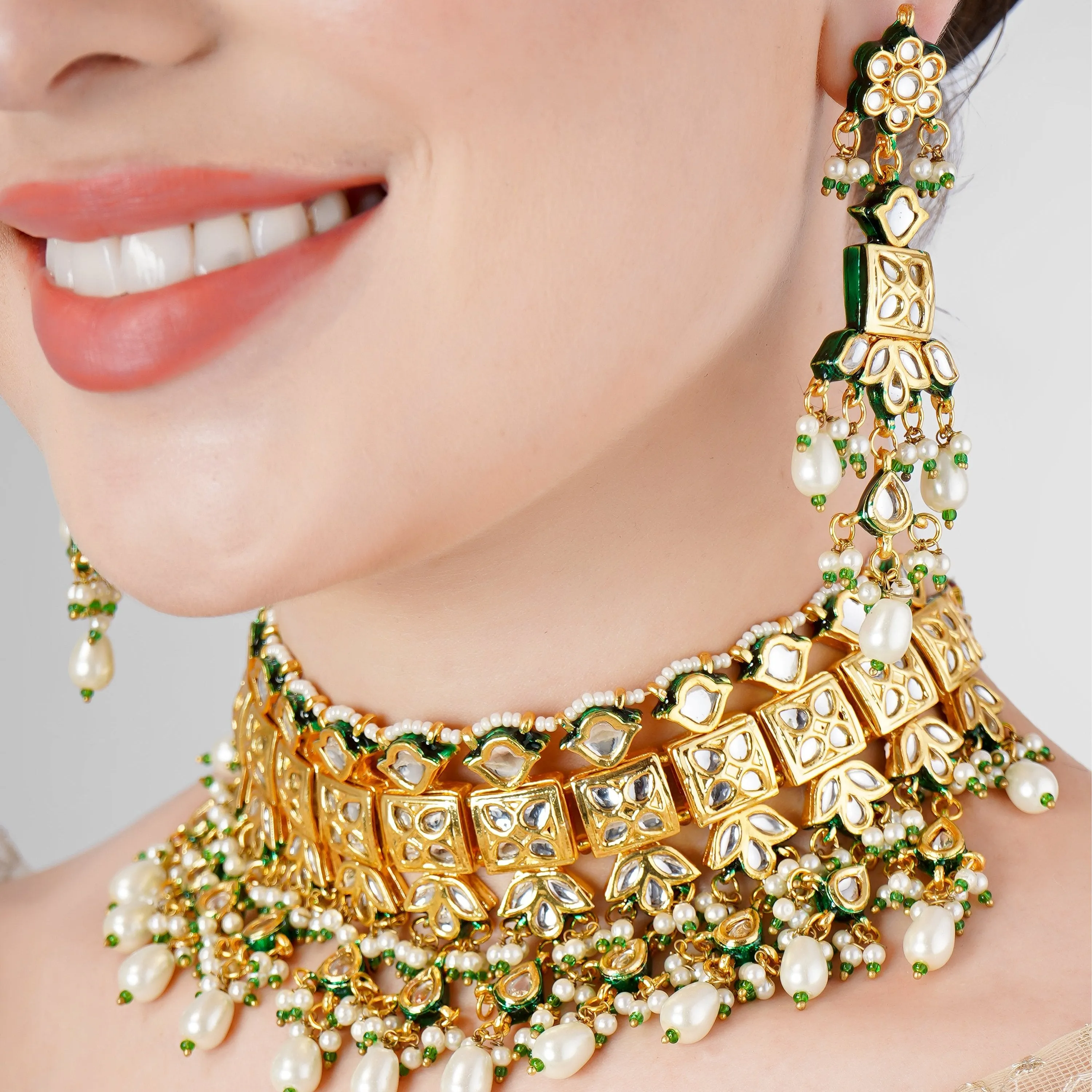 KUNDAN POLKI & PEARL WEDDING CHOKER NECKLACE SET