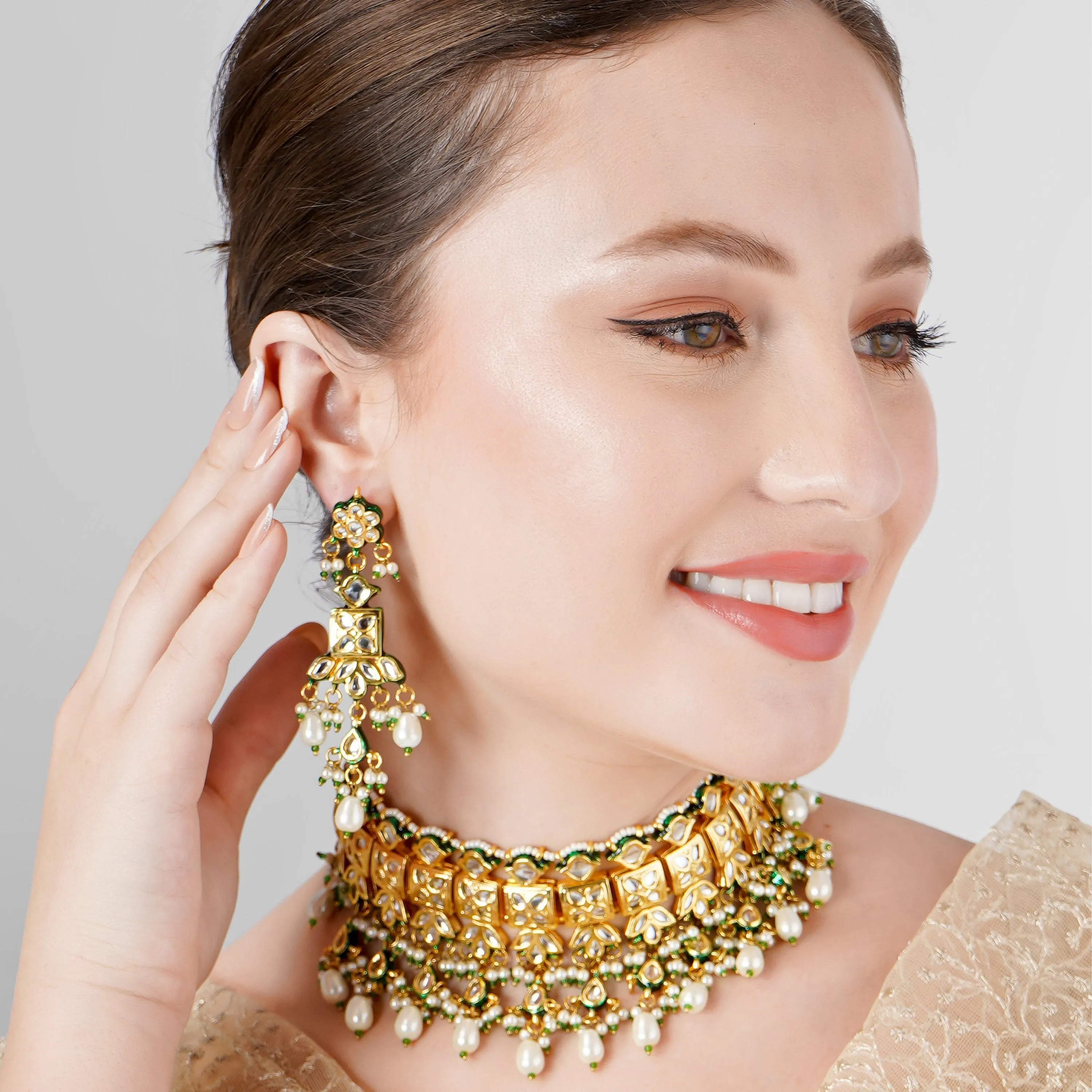 KUNDAN POLKI & PEARL WEDDING CHOKER NECKLACE SET