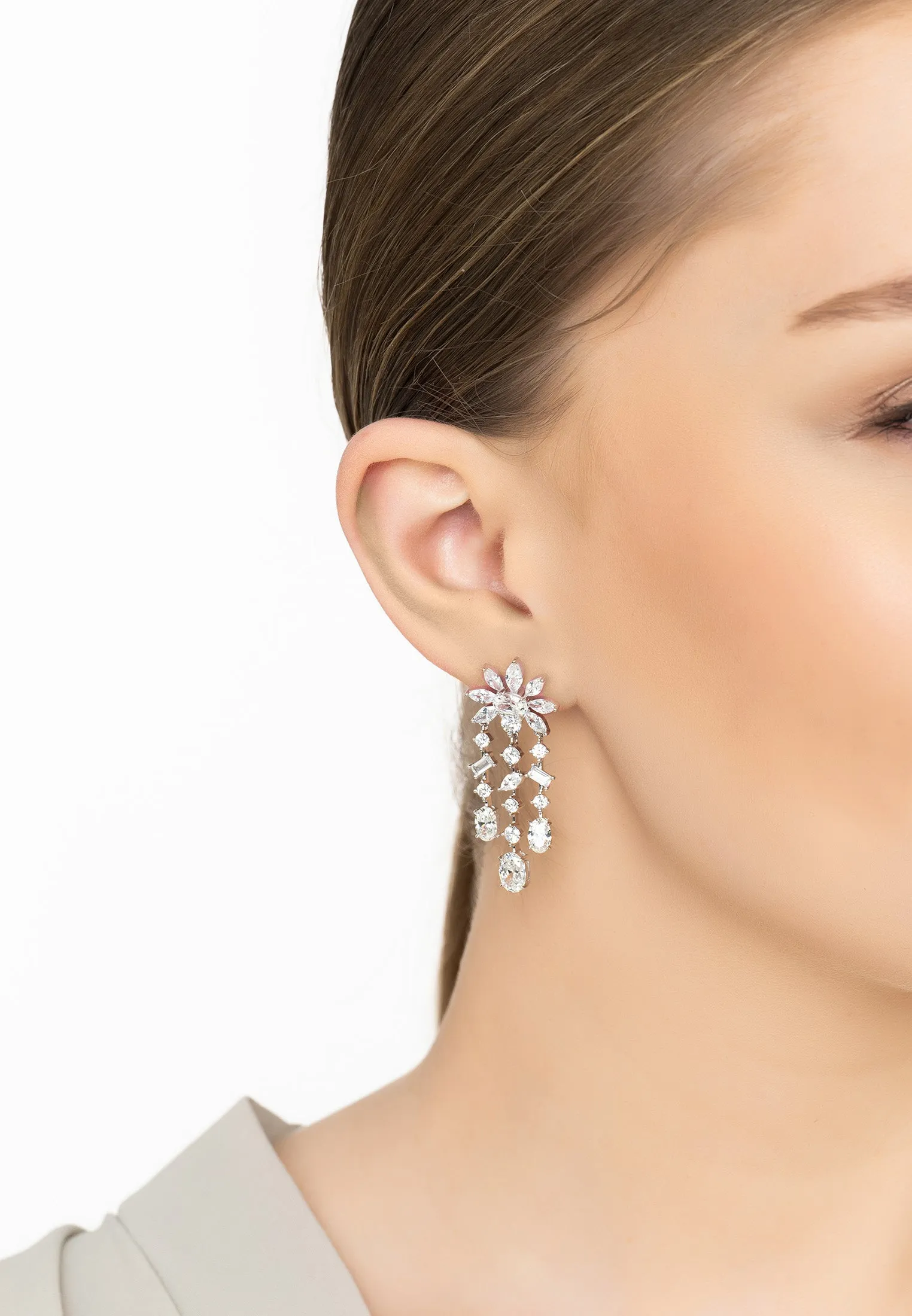 Margarita Daisy Flower Moissanite Chandelier Earrings Silver