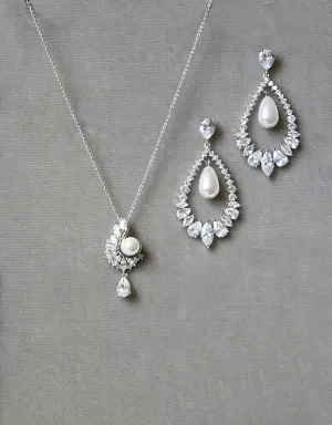 MIRABEL Silver Simulated Diamond and Pearl Drop Necklace and Earrings Set