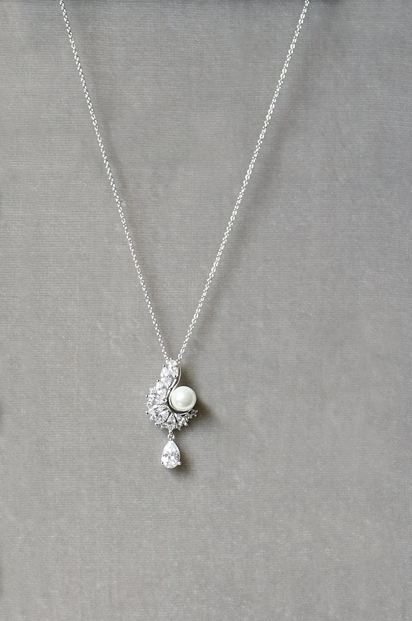 MIRABEL Silver Simulated Diamond and Pearl Drop Necklace and Earrings Set