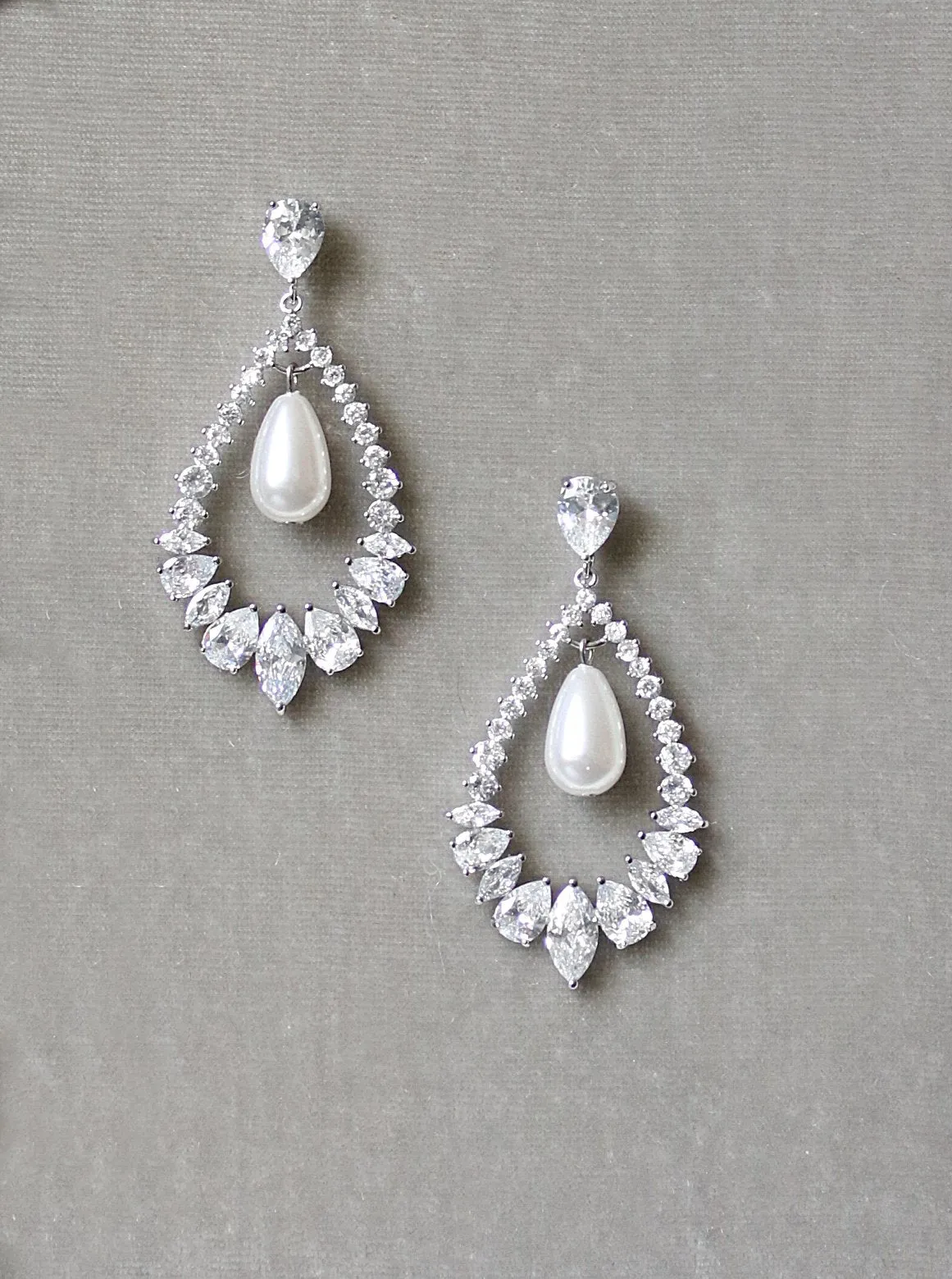MIRABEL Silver Simulated Diamond and Pearl Drop Necklace and Earrings Set
