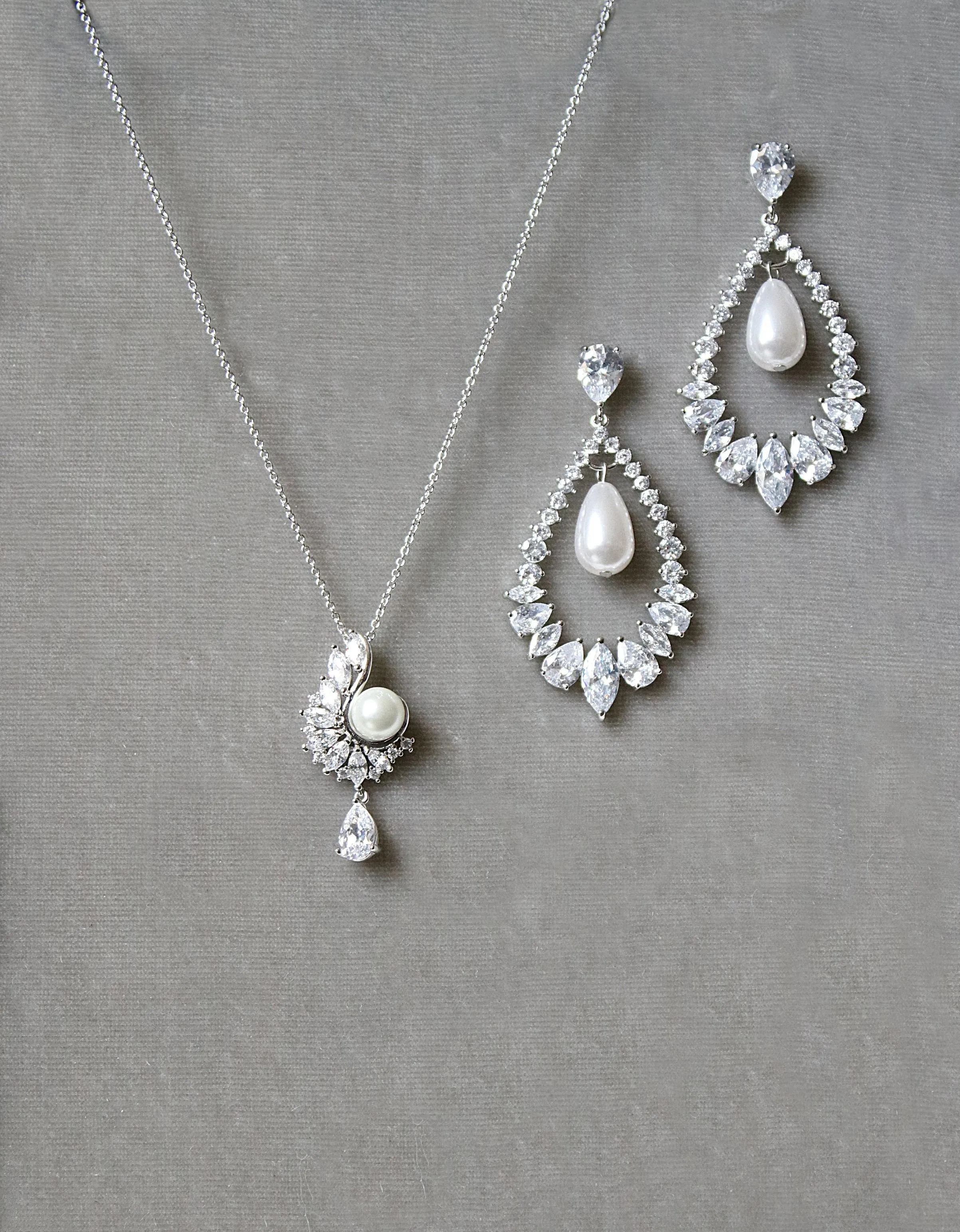 MIRABEL Silver Simulated Diamond and Pearl Drop Necklace and Earrings Set