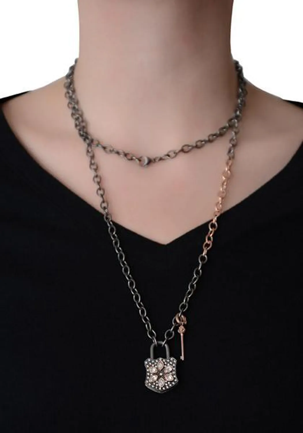 Mo & Me Blackened Silver and Rose Gold Rolo Chain Necklace | 40"