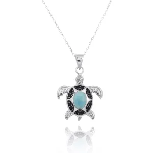 Sea Turtle Pendant Necklace with Larimar and Black Spinel