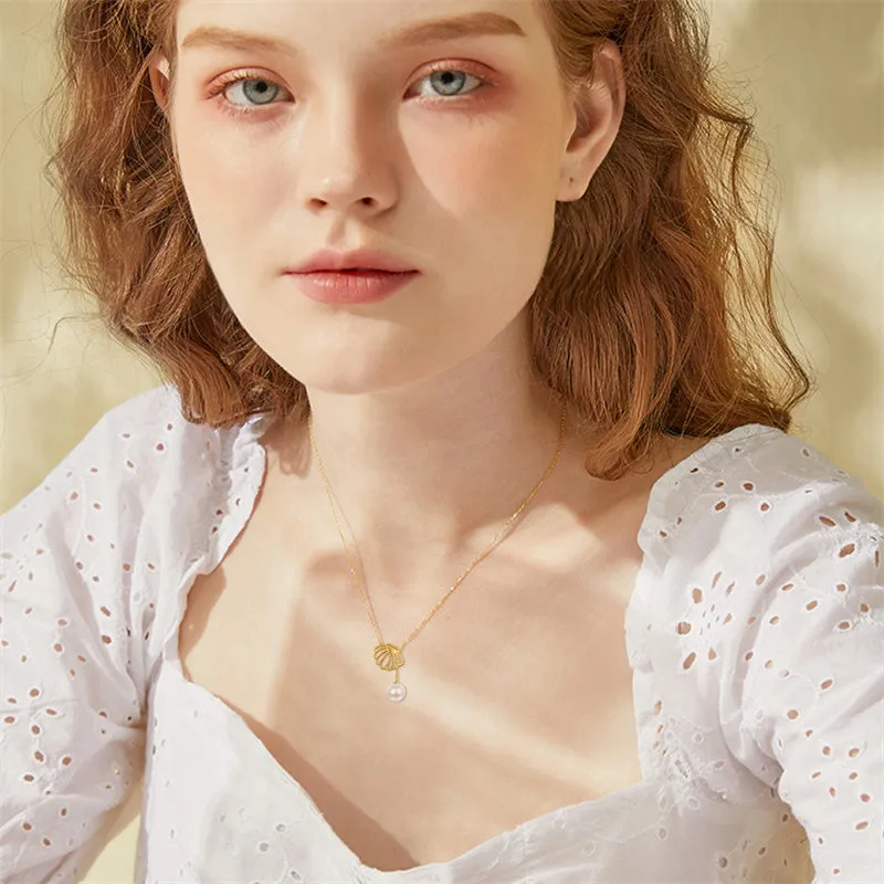 Seashell Pearl Necklace Gold Plated 925 Sterling Silver Pearl Y Necklace Seashell Pendant Pearl Jewelry Gifts for Women Girls