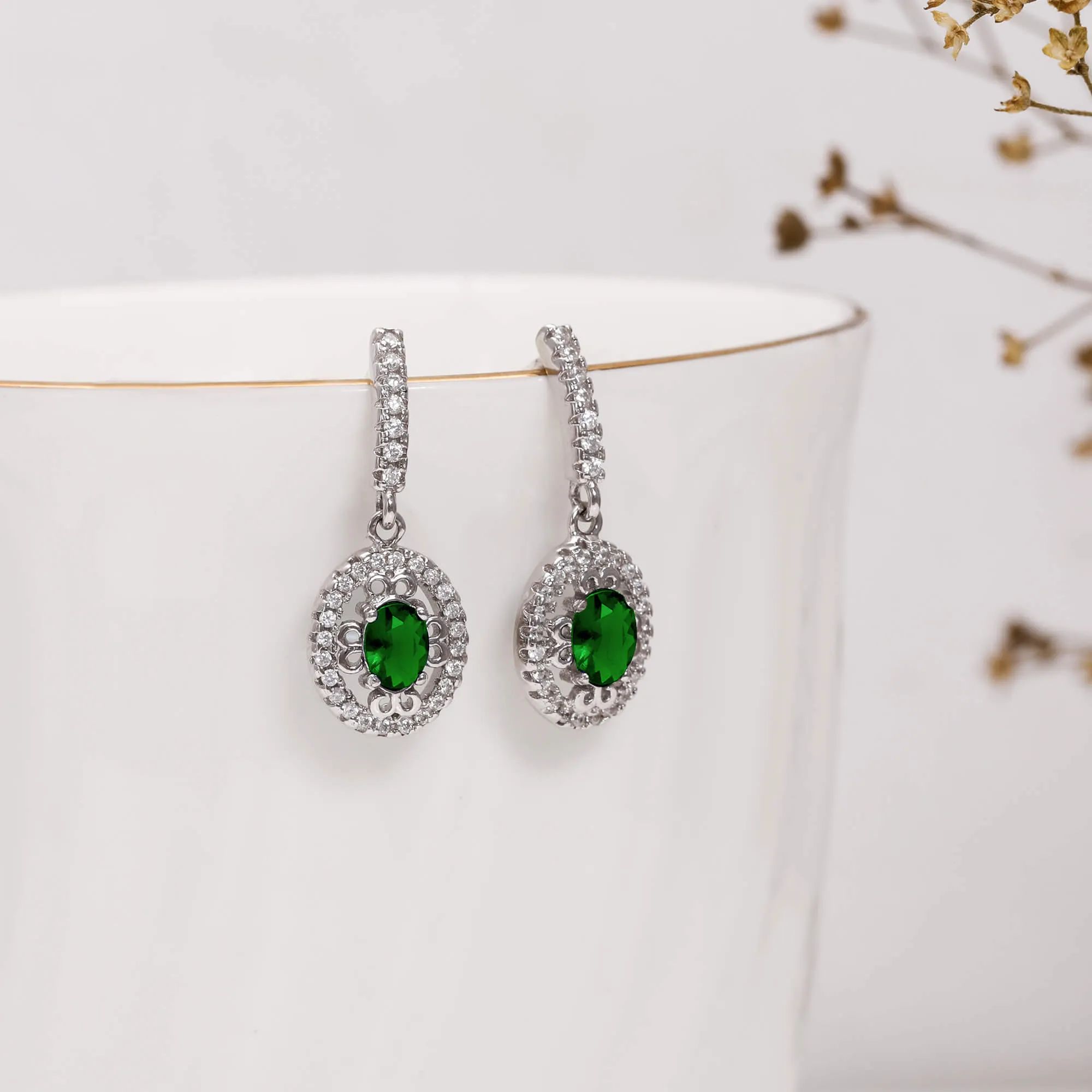 Silver Forest Green Drop Earrings