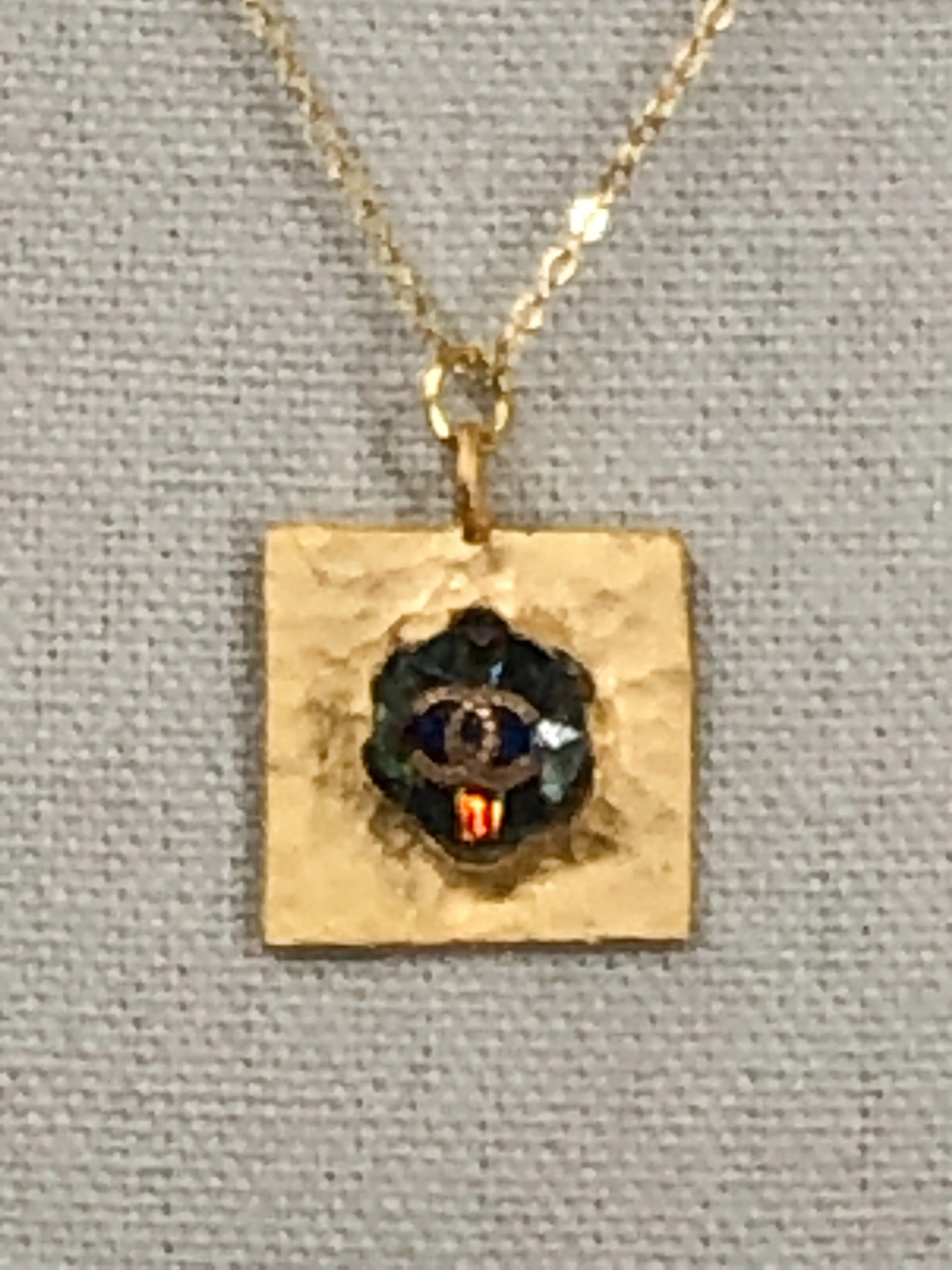 SKYLA SQUARE PENDANT WITH IRIDESCENT VINTAGE DESIGNER BUTTON - MODERN VINTAGE CREATIONS