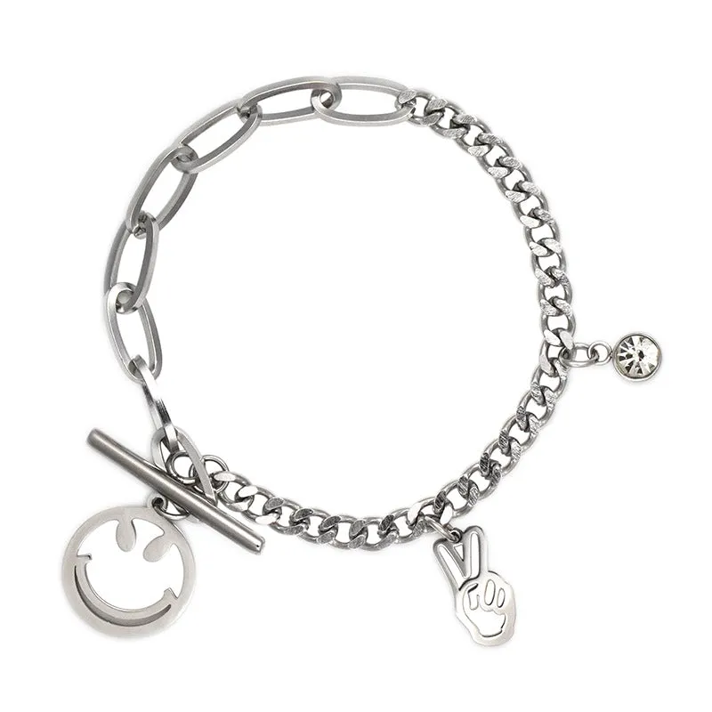 Smiley Rhinestones Victory Gesture Bracelet Students Do Not Fade