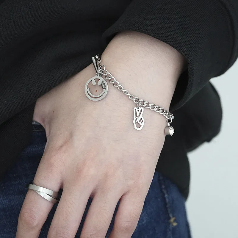 Smiley Rhinestones Victory Gesture Bracelet Students Do Not Fade