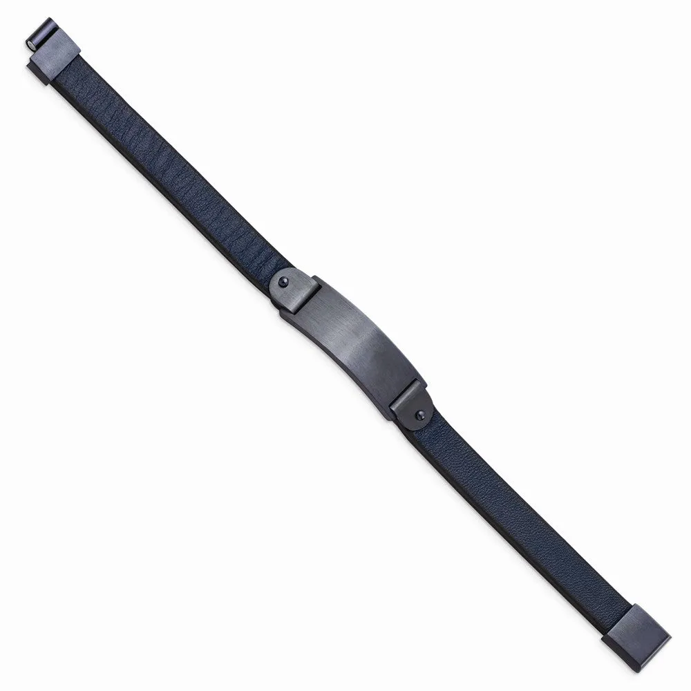 Stainless Steel Brushed Dark Grey IP-plated Blue Leather 8.5in ID Bracelet
