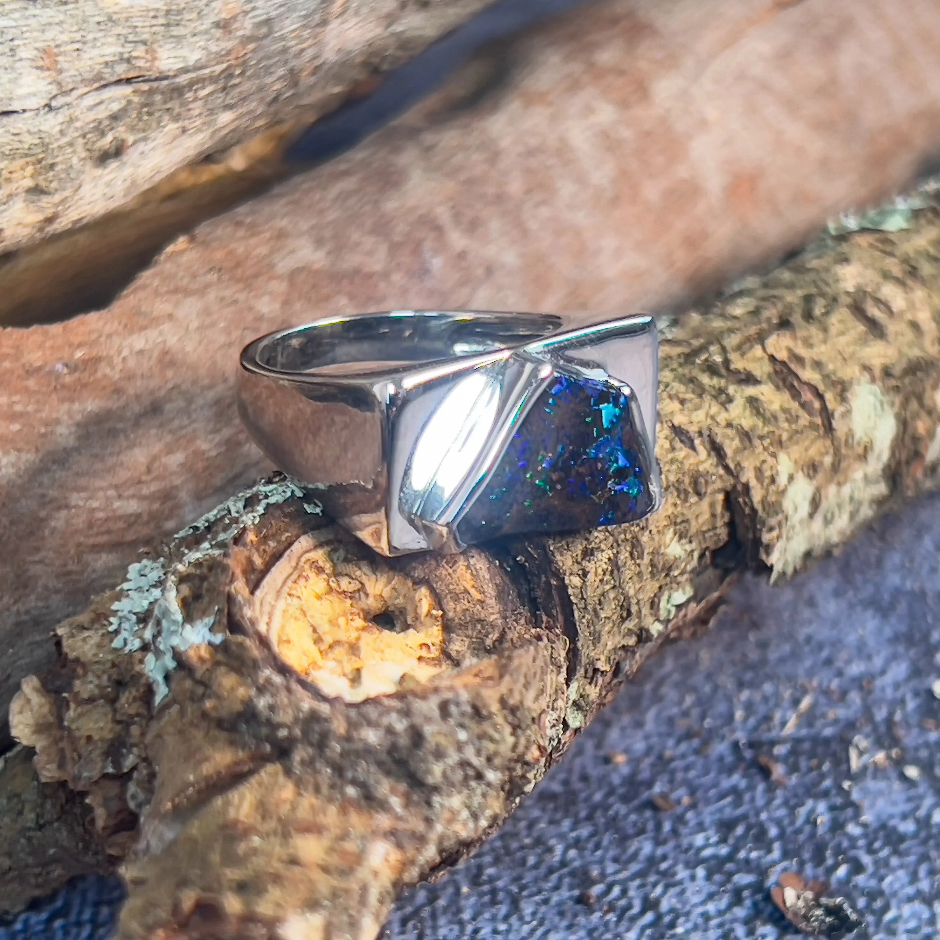Sterling Silver Kite cut Boulder Opal ring mens