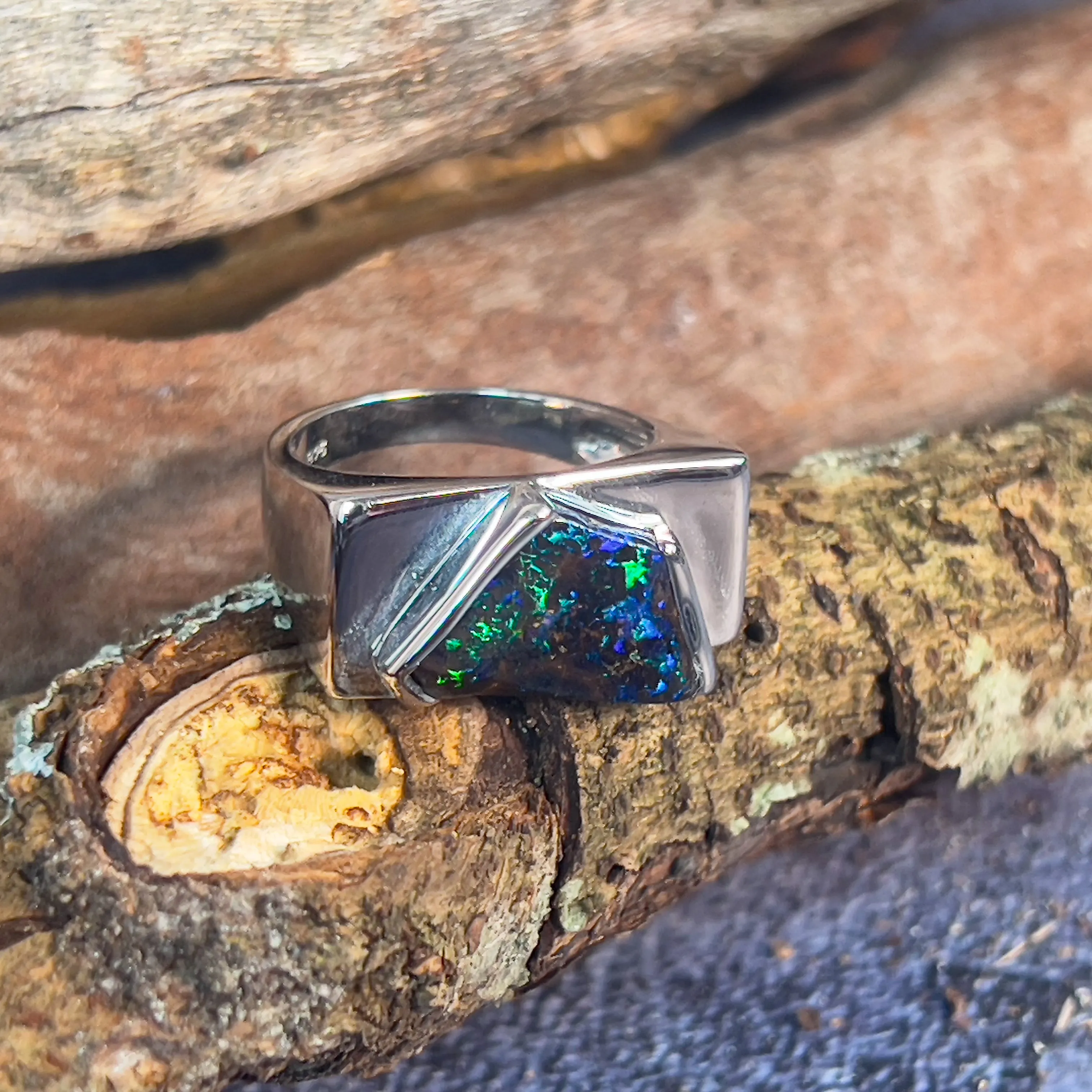 Sterling Silver Kite cut Boulder Opal ring mens