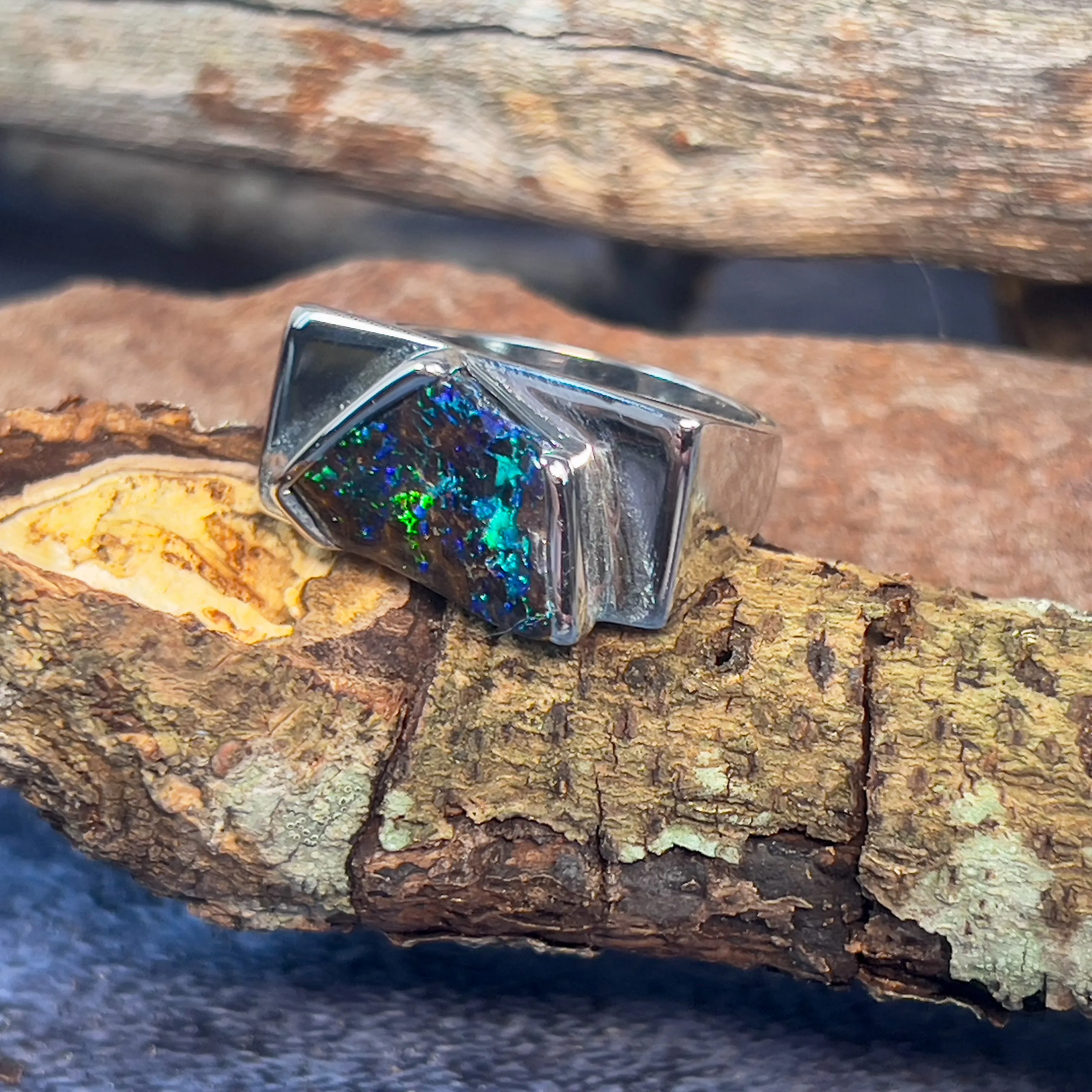 Sterling Silver Kite cut Boulder Opal ring mens