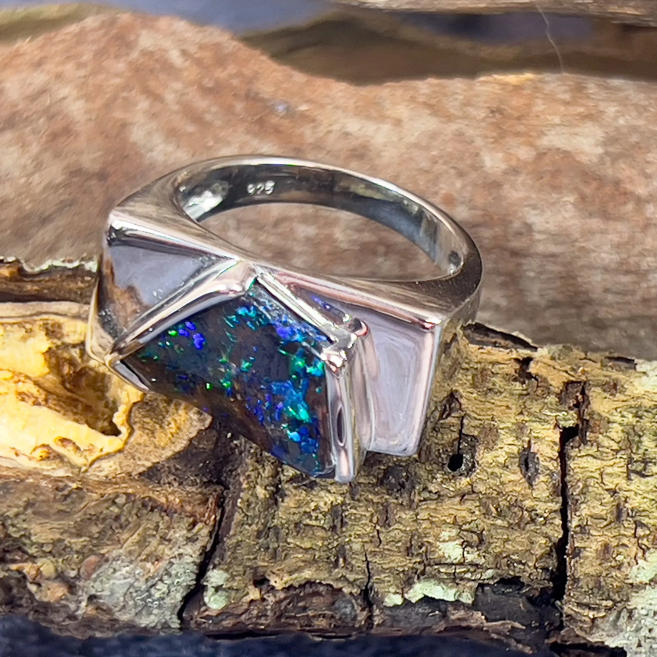 Sterling Silver Kite cut Boulder Opal ring mens