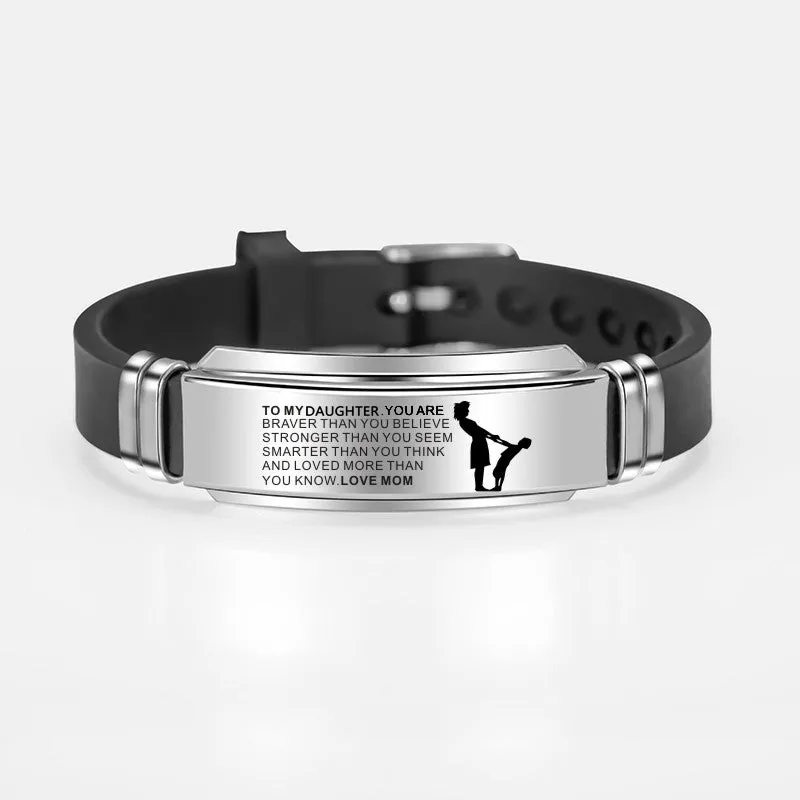 To My Son Daughter Painting Inspirational Stainless Steel Charms Adjustable Silicone Bracelet