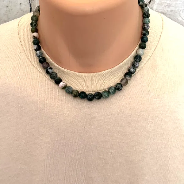 Tree Agate Mens Beaded Necklace