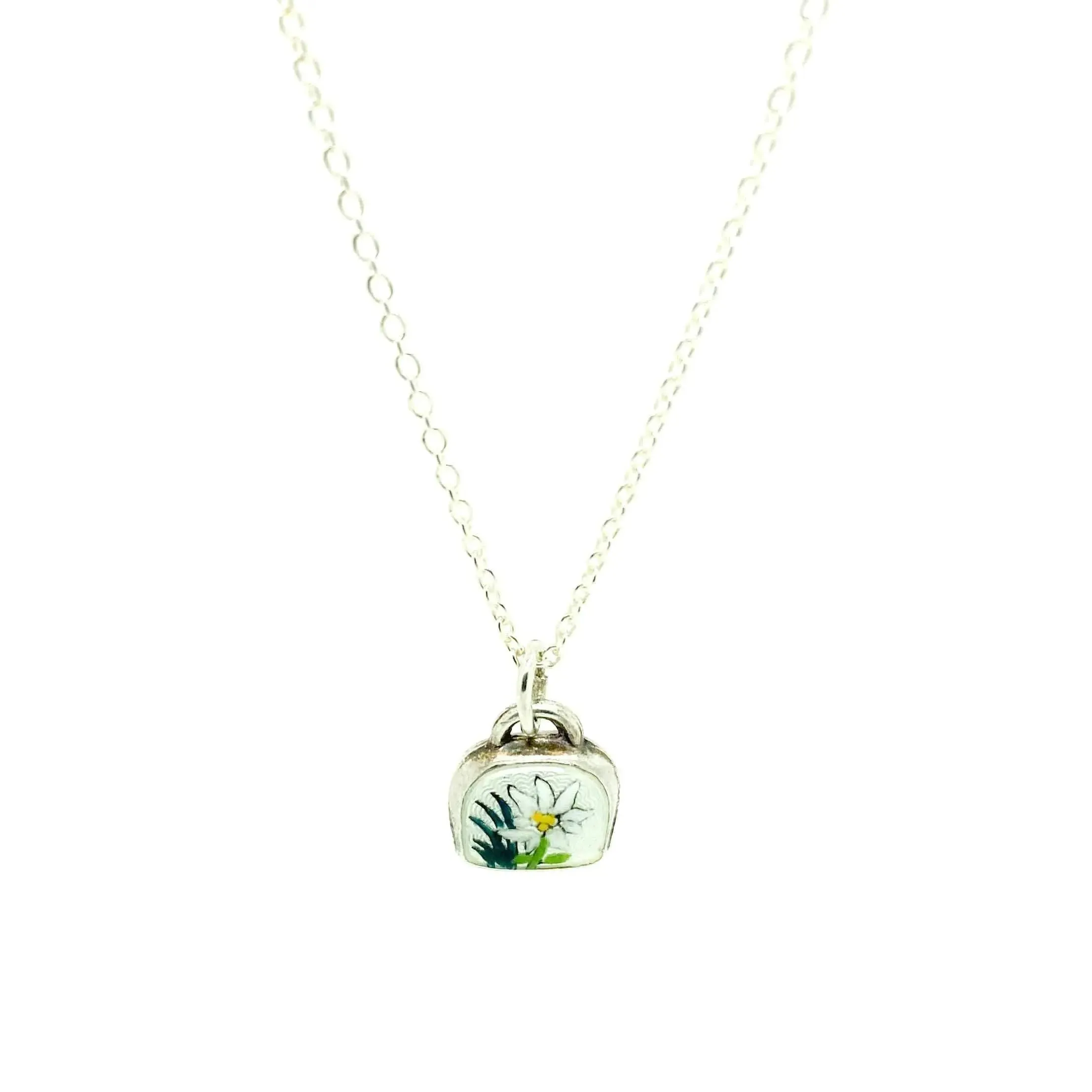 Vintage 1960s Guilloche Enamel Swiss Flower Charm Necklace