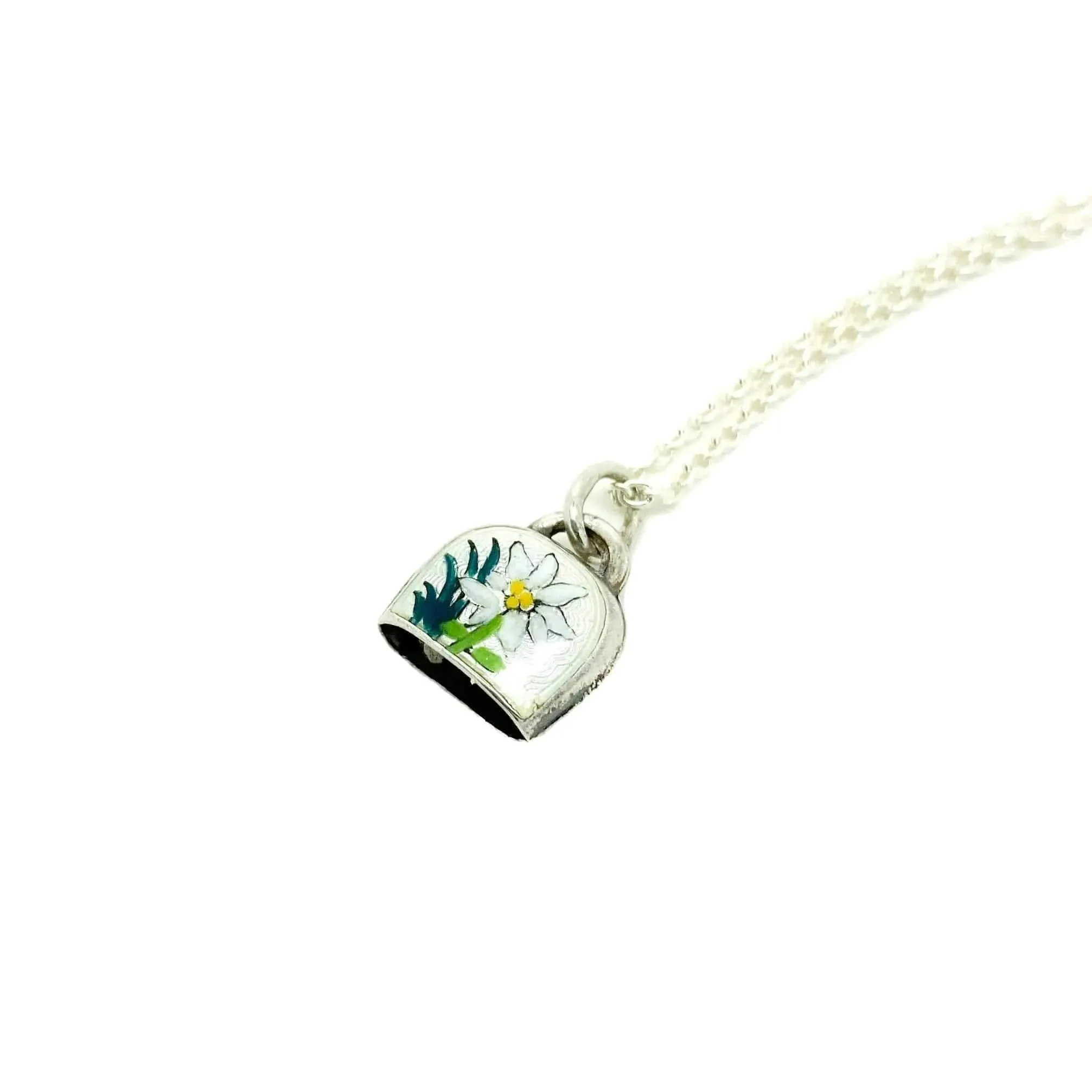 Vintage 1960s Guilloche Enamel Swiss Flower Charm Necklace
