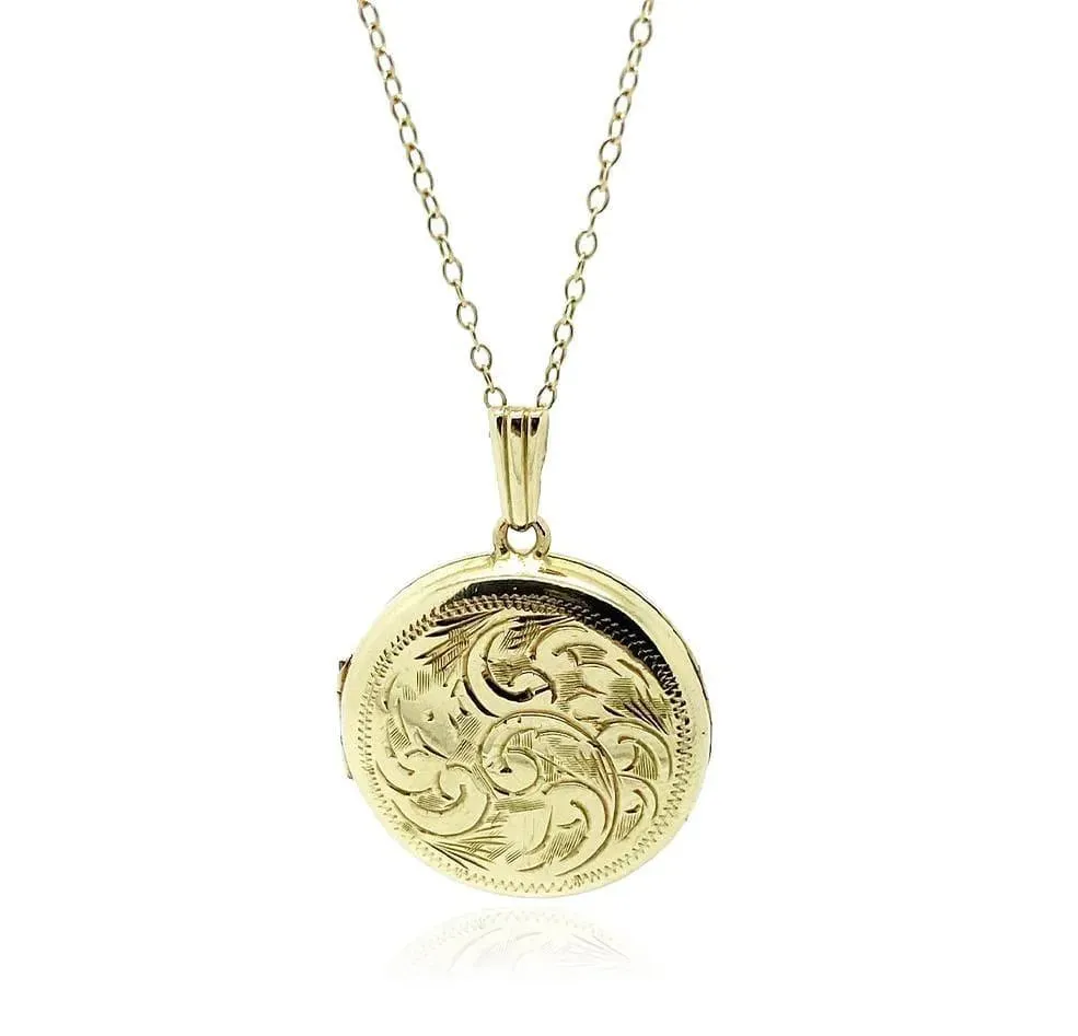 Vintage 1960s Round Engraved 9ct Gold Locket Necklace