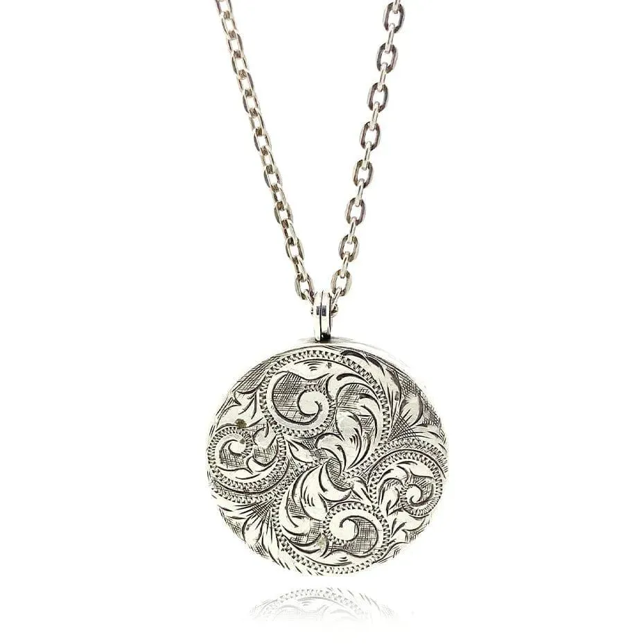 Vintage 1968 Round Engraved Silver Locket Necklace