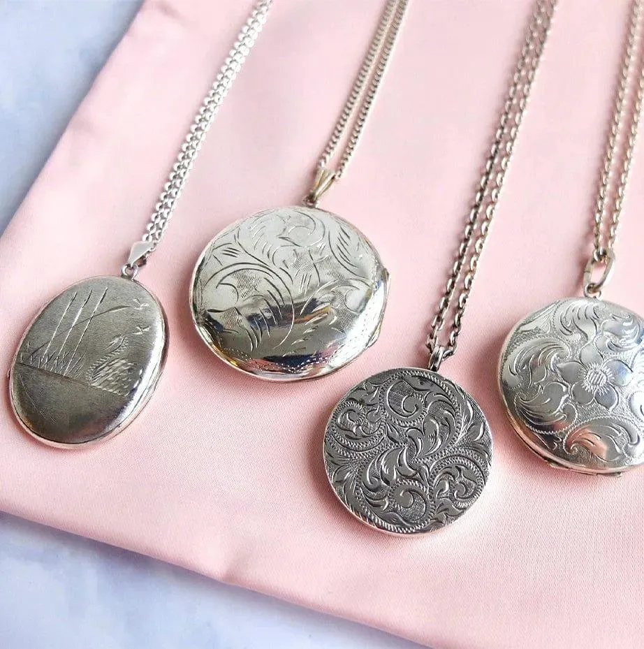 Vintage 1968 Round Engraved Silver Locket Necklace