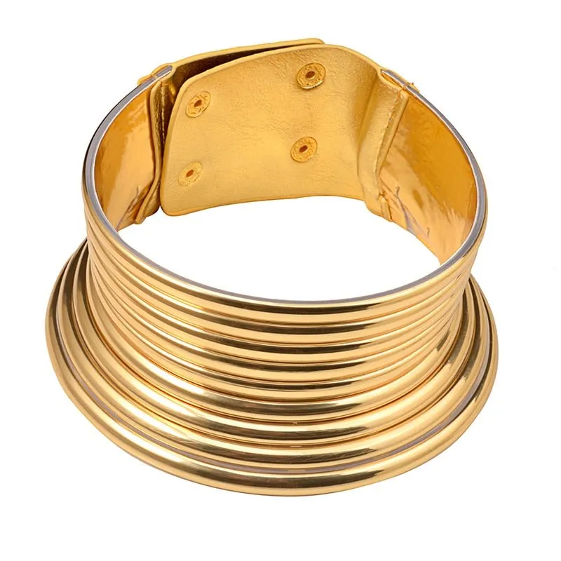 Vintage Gold Statement Choker Necklace Set - Leather African Jewelry with Torques Collar and Maxi Pendant