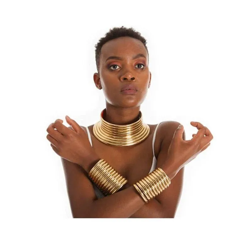 Vintage Gold Statement Choker Necklace Set - Leather African Jewelry with Torques Collar and Maxi Pendant