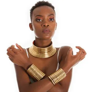 Vintage Gold Statement Choker Necklace Set - Leather African Jewelry with Torques Collar and Maxi Pendant