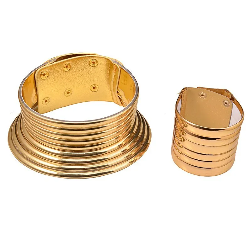 Vintage Gold Statement Choker Necklace Set - Leather African Jewelry with Torques Collar and Maxi Pendant