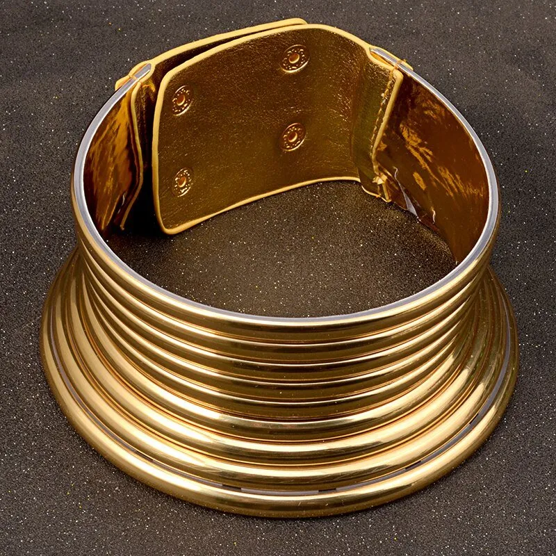 Vintage Gold Statement Choker Necklace Set - Leather African Jewelry with Torques Collar and Maxi Pendant