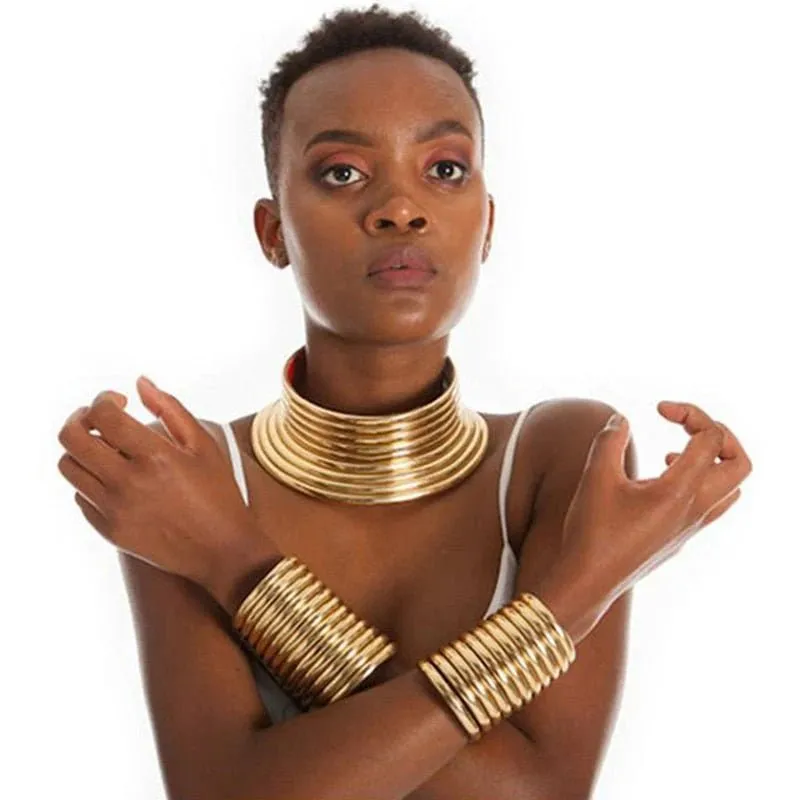 Vintage Gold Statement Choker Necklace Set - Leather African Jewelry with Torques Collar and Maxi Pendant