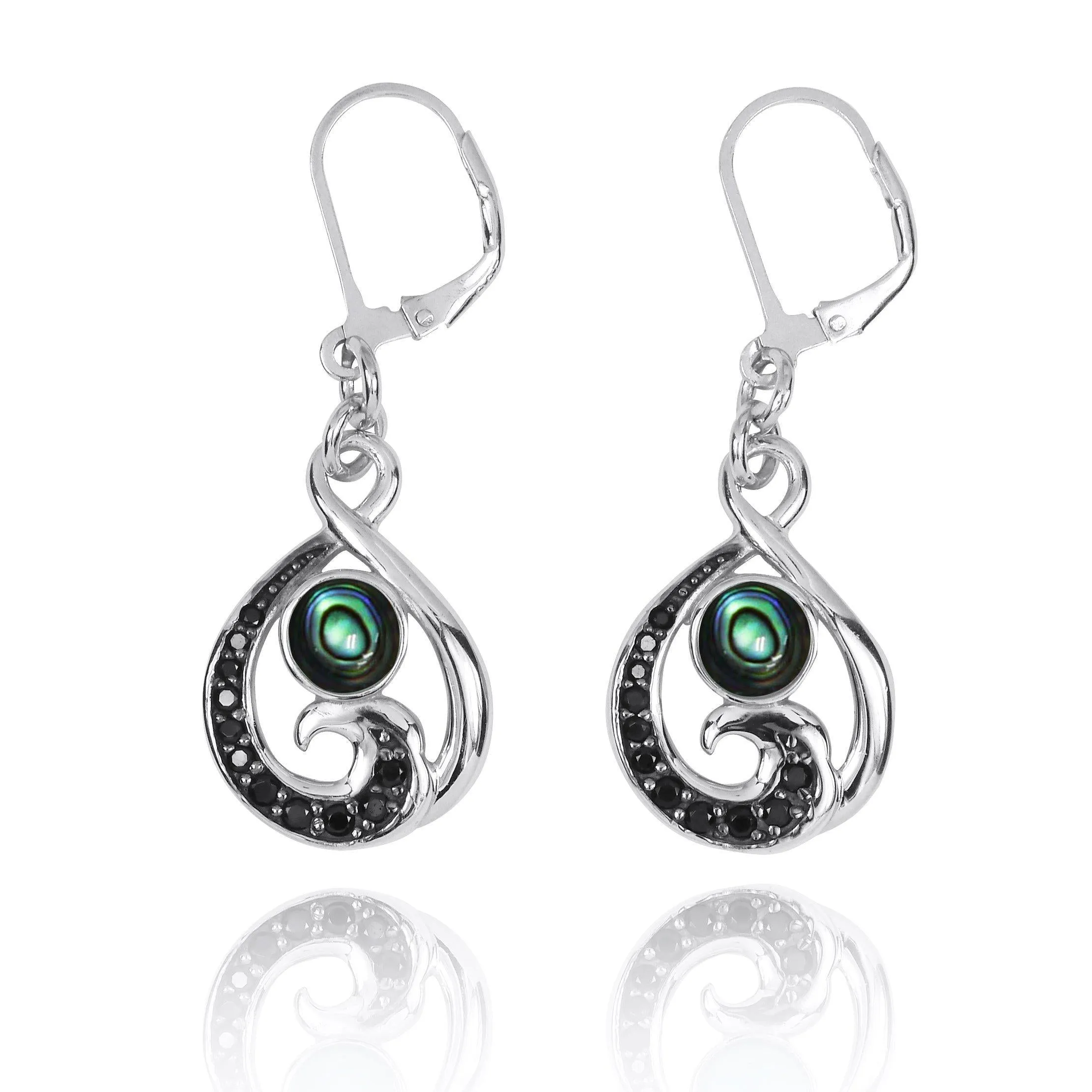Wave Earrings with Abalone Shell and Black Spinel Gemstones