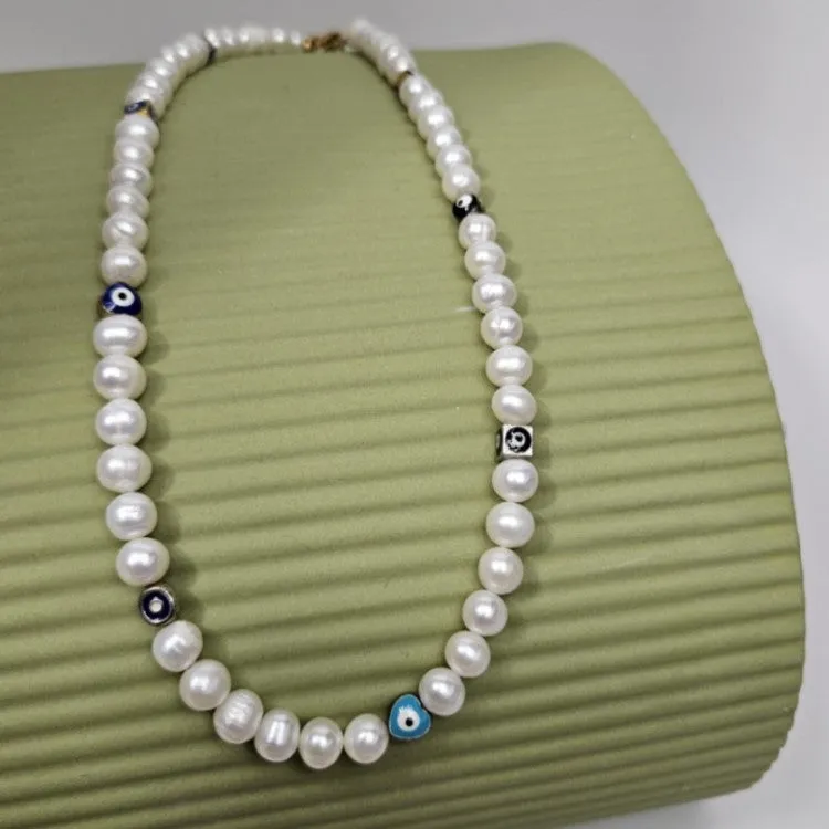 White Side Drill Baroque Pearl and Evil Eye Necklaces